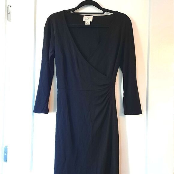 LOFT Wrap Dress Black Long Sleeve Ruched V Neck - Picture 1 of 12